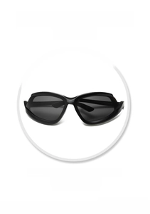Detail of black sporty wrap-around sunglasses with integrated UV protection lenses