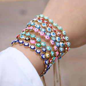 Bohemian multi-layer colorful evil eye bracelets with gold-plated chains for women