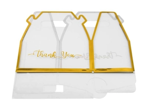 Close-up of transparent PVC gift box with gold foil edges and Thank You script