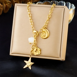 Gold Plated Stainless Steel Ocean Theme Necklace With Starfish Shell Conch And Heart Pendants For Women Fashion