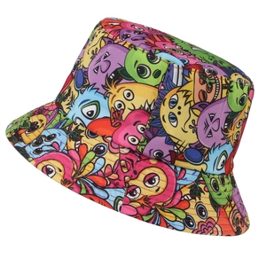 Breathable cotton bucket hat featuring colorful cartoon monster graffiti pattern