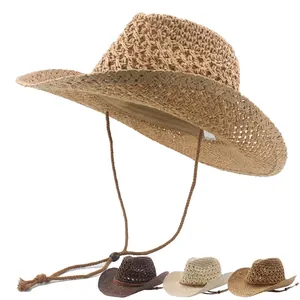 Chapeau de cowboy en paille respirante à large bord avec mentonnière réglable pour le soleil