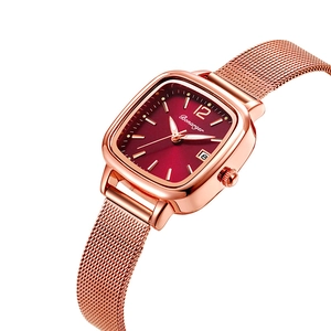 Elegant rose gold square watch with burgundy dial and Milanese mesh band for women