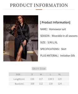 Detailed size chart for women long ice silk bathrobe showing length and bust measurements