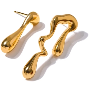 Minimalist gold plated asymmetrical lava earrings with irregular wave and drop design