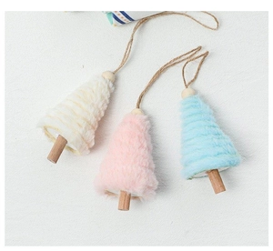 Plush Christmas tree ornaments in cream white, light pink and sky blue colors with wood base