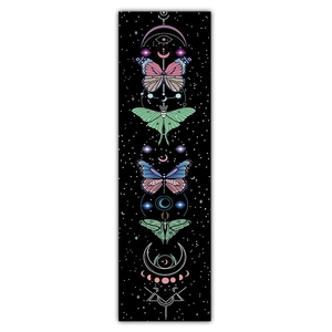 Vertical wall scroll detail featuring mystical butterfly and celestial moon phase patterns