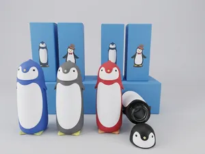 Selection of cute penguin shaped insulated water bottles in blue, gray, red, and black