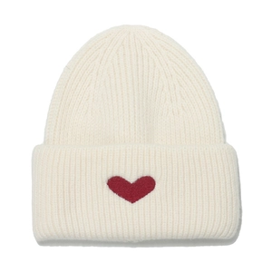 Cream knit beanie with red heart embroidery, warm winter hat for women in minimalist style