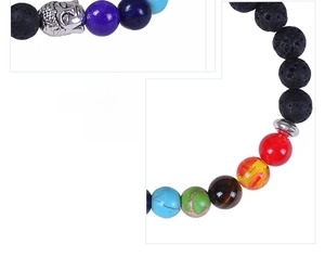Detailed macro view of 8mm lava stones and colorful chakra beads with silver Buddha charm