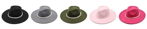 Close-up of wool fedora hats in five colors with decorative pearl bead bands
