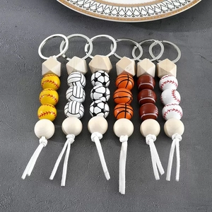 Sports Theme Keychain Beaded Metal Ring Wood Beads Tassel Soccer Basketball Baseball Design Bag Pendant Fashion Accessory