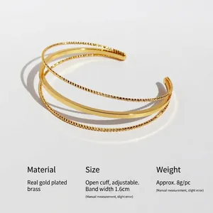Minimalist triple-layer geometric open cuff bracelet in gold-plated brass for women