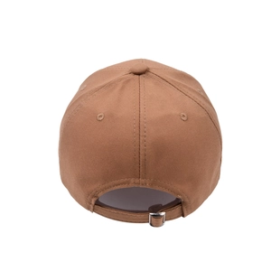 Rear view of brown cotton baseball cap with adjustable metal buckle and six-panel design