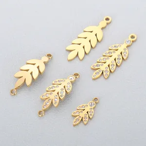 Leaf Shape Pendants Stainless Steel Rhinestone Encrusted DIY Jewelry Making Charms For Necklace Earring Vacuum Plated Design