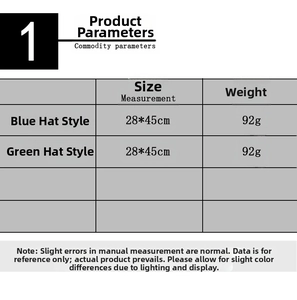 Detailed size and weight chart for Christmas stockings with blue and green hat designs