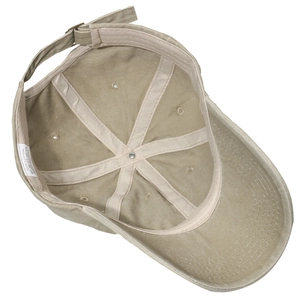 Detail view of khaki cotton baseball cap interior with sweatband and stitching