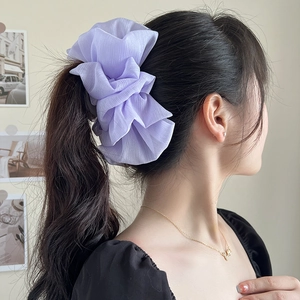 Elegant purple mesh bow shark clip for women shown on model's hair for a chic look