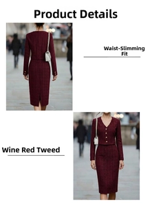 Detail view of wine red tweed suit featuring V-neck jacket with gold buttons and slit skirt