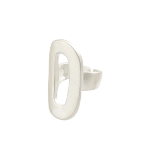 Close-up of matte silver flower ring with brushed texture and adjustable open band