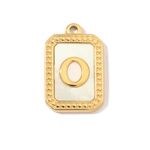 Detailed shot of letter O gold rectangular pendant with white shell inlay for necklaces