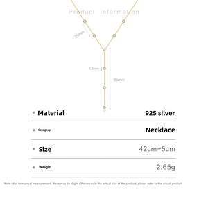 Detail of S925 silver Y-shaped tassel necklace with zircon stones and sizing specs