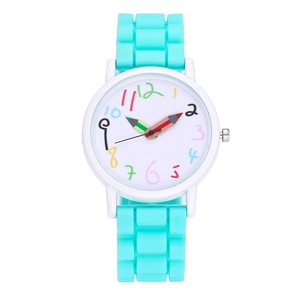 Detailed view of turquoise silicone strap and colorful crayon numeric dial on watch