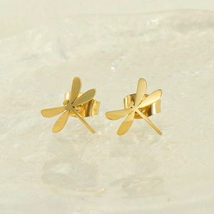 Minimalist dragonfly stud earrings in 14k gold plated stainless steel with high polish