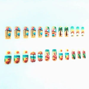 24pcs Summer Beach Press-on Nails with Coconut Trees, Shells, and Sunset Designs