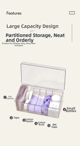 Clear acrylic storage box with six compartments and hinged lid for eyelash accessories