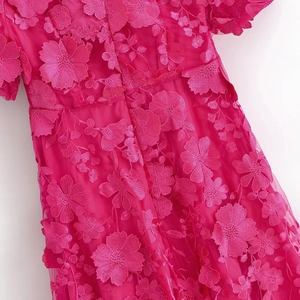 Détail de la broderie florale 3D rose rouge sur une robe longue à col en V en tulle