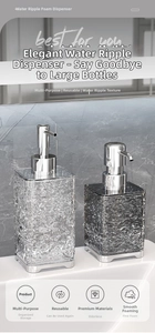 Detail of square ripple texture soap dispensers with silver pumps in a bathroom setting