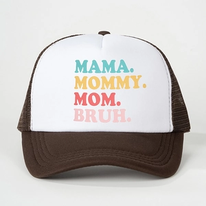 Brown and white trucker hat featuring MAMA MOMMY MOM BRUH colorful text on front panel