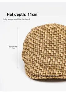 Detail showing 11cm deep crown of brown woven straw flat cap with breathable texture