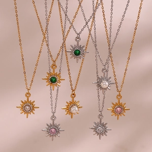 Gold and silver stainless steel 18K plated necklaces with sunburst zircon pendants