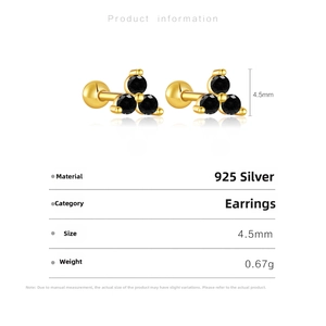 Detail view of mini 925 sterling silver gold earrings with black zircon stones and measurements