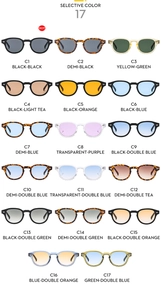 Matrix display of retro oval sunglasses in 17 distinct color ways and gradient lenses