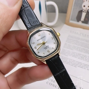 Square gold watch with white dial and black leather strap for students or business