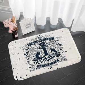 Minimalist nautical absorbent floor mat with navy blue anchor and compass design