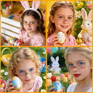 Enfants portant des tatouages de Pâques avec lapins et œufs colorés sur l'herbe