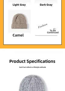Detail of thick knit beanie hats in light gray, dark gray and camel for winter warmth