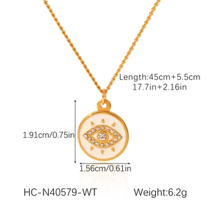 Detailed size specifications of gold stainless steel evil eye pendant necklace with rhinestones