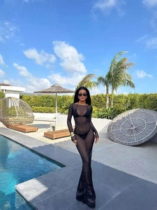 Robe Maxi Sexy En Maille Transparente À Manches Longues Coupe Slim Sortie De Plage Pour Femmes Clubwear Vacances