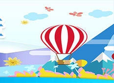 Detailed cartoon illustration of a hot air balloon over blue mountains on a musical mat