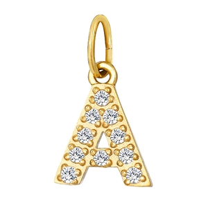 Sparkling gold-plated letter A pendant with pave zircon stones on white background