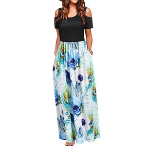 Front view of an off-shoulder dress featuring black bodice and blue floral peacock print skirt