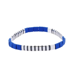 Bohemian elastic Tila beaded bracelet with navy blue matte and silver metallic square beads