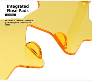 Macro detail of ergonomic integrated nose pads on star-shaped rimless yellow sunglasses