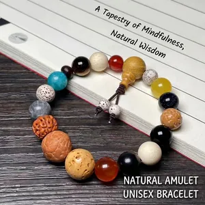 Traditional Buddhist Bodhi seed prayer beads bracelet on vintage calligraphy background