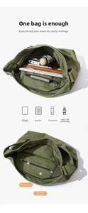Dettaglio dell'interno della borsa in tela verde militare con tasca con cerniera